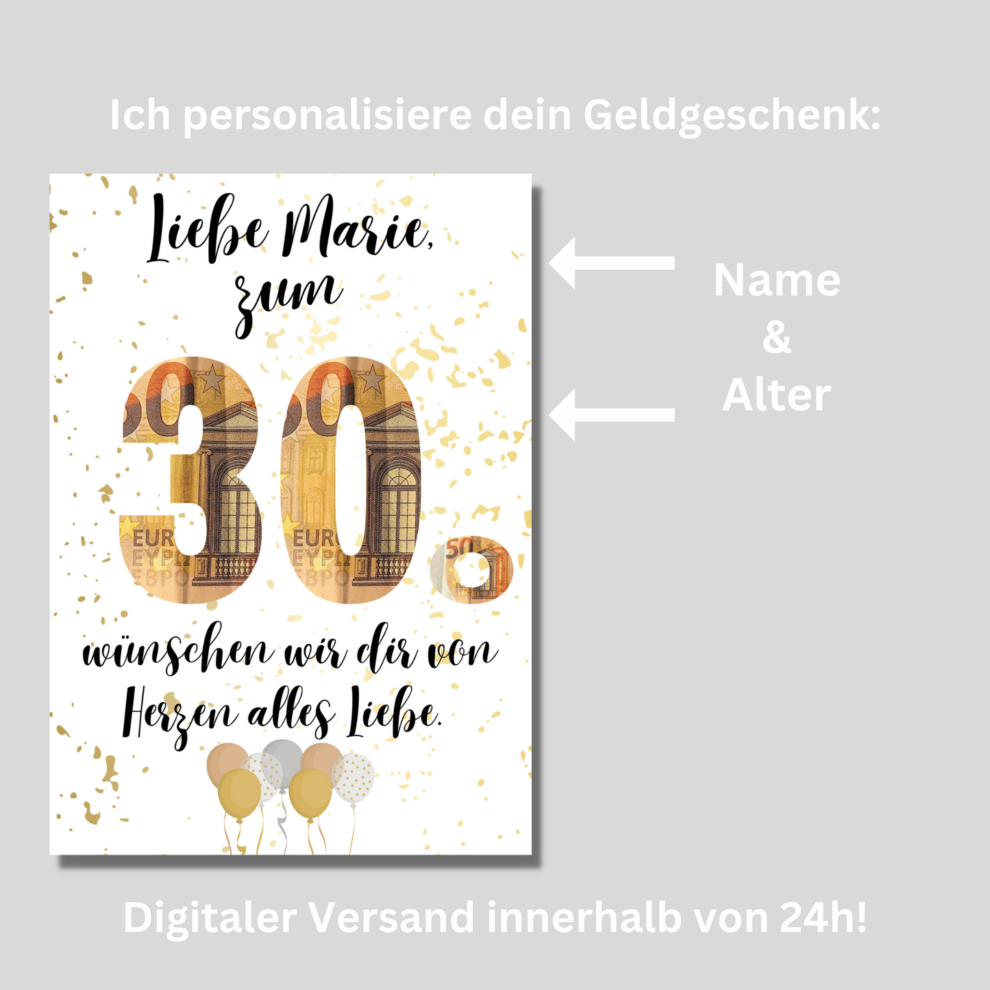 Geldgeschenk Geschenkidee zum Geburtstag personalisiert für den 20. 30. 40. 50. 60. 70. 80. zum Downloaden