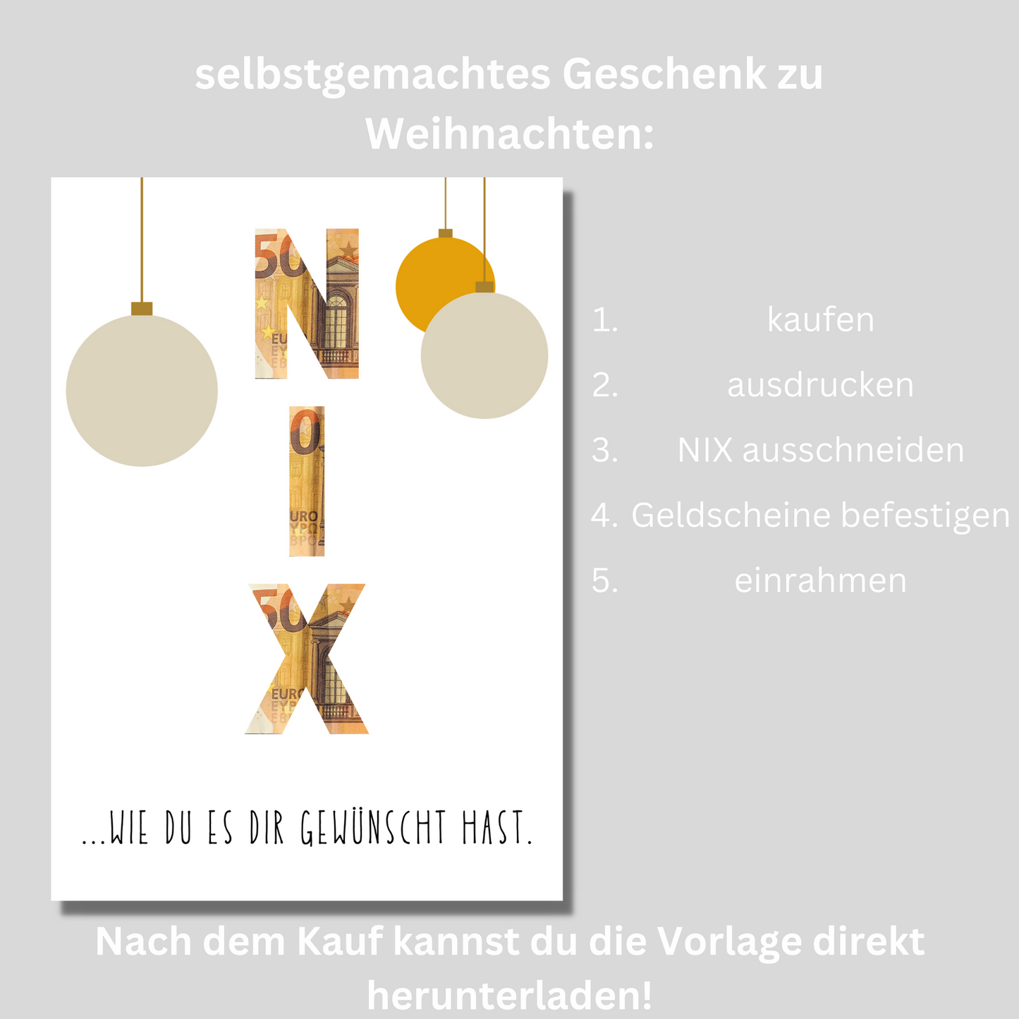 Weihnachtsgeschenk NIX verschenken als Geldgeschenk, DIY Geschenkvorlage zum Ausdrucken und Einrahmen, lustige Geschenkidee zu Weihnachten
