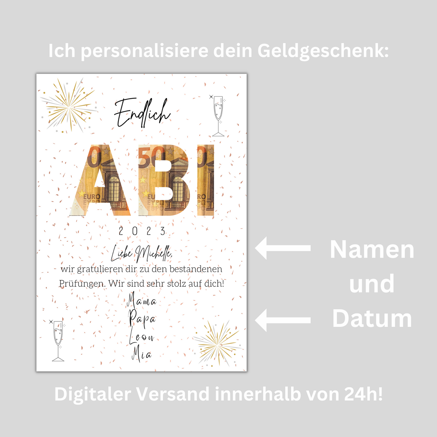 Geschenkidee Geldgeschenk Abitur zum Ausdrucken, personalisertes Abschlussgeschenk Prüfung