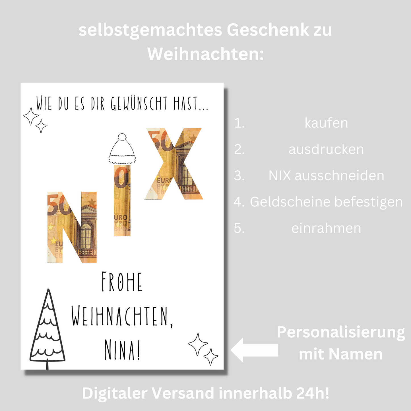 Nix Geschenk zu Weihnachten personalisiert, witziges Weihnachtsgeschenk zum Ausdrucken, Geldgeschenk personalisiert mit Namen, Frohe Weihnachtsgrüße