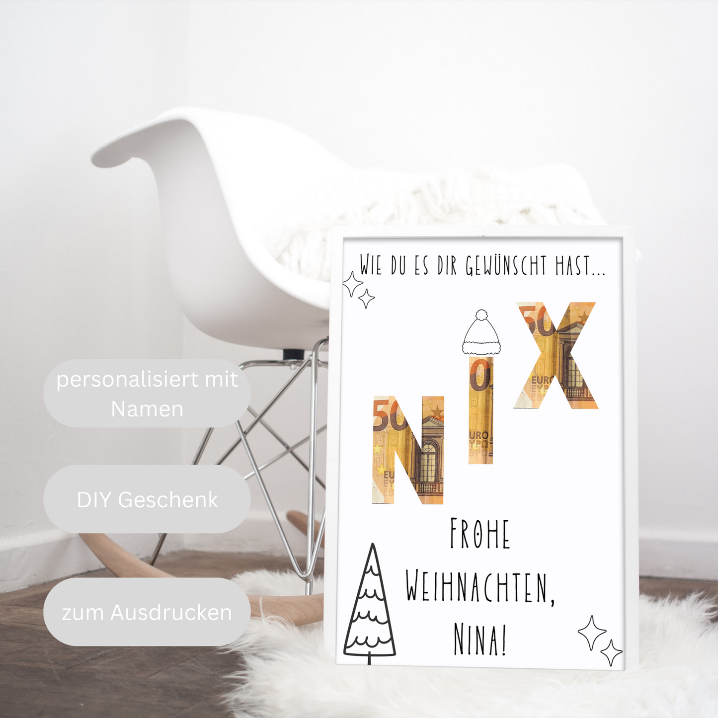 Nix Geschenk zu Weihnachten personalisiert, witziges Weihnachtsgeschenk zum Ausdrucken, Geldgeschenk personalisiert mit Namen, Frohe Weihnachtsgrüße