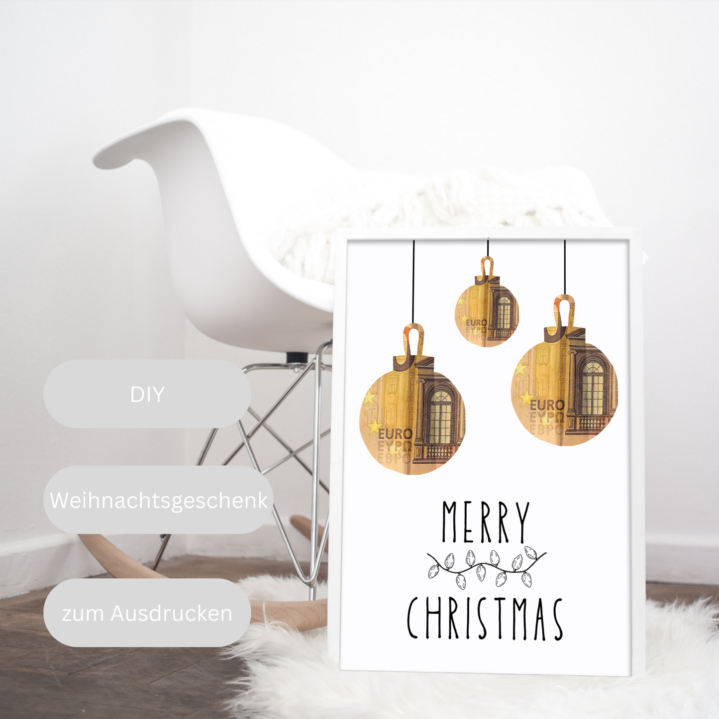 Merry Christmas Geschenkvorlage Weihnachten für Bilderrahmen zum Ausdrucken, Geldgeschenk Weihnachtsgeschenk mit Weihnachtskugeln, Geschenk