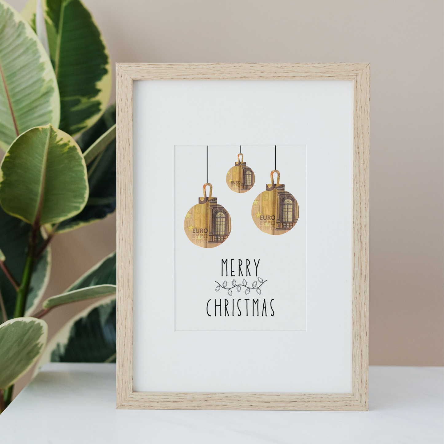 Merry Christmas Geschenkvorlage Weihnachten für Bilderrahmen zum Ausdrucken, Geldgeschenk Weihnachtsgeschenk mit Weihnachtskugeln, Geschenk