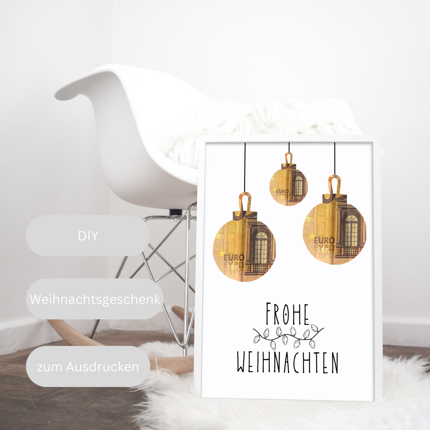 Frohe Weihnachten Geschenkvorlage Weihnachten für Bilderrahmen zum Ausdrucken, Geldgeschenk Weihnachtsgeschenk mit Weihnachtskugeln Geschenk
