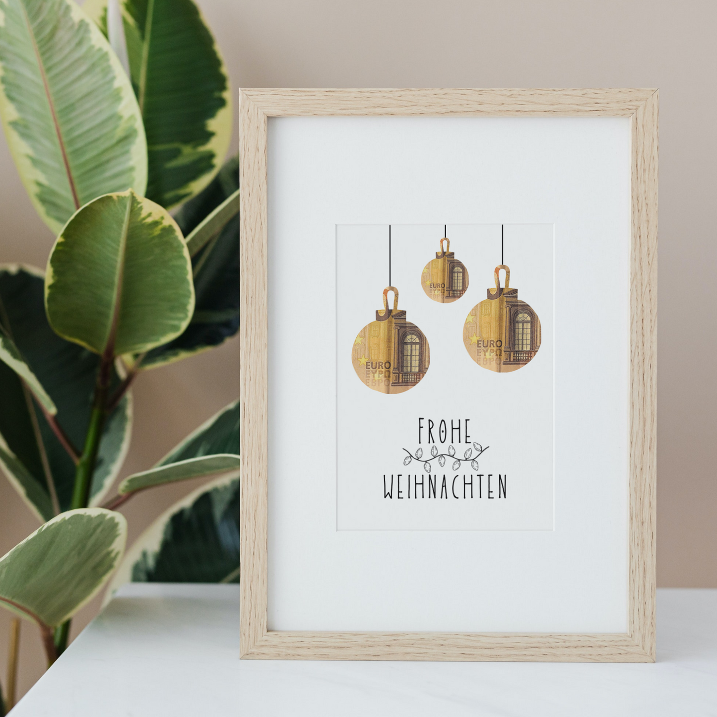 Frohe Weihnachten Geschenkvorlage Weihnachten für Bilderrahmen zum Ausdrucken, Geldgeschenk Weihnachtsgeschenk mit Weihnachtskugeln Geschenk