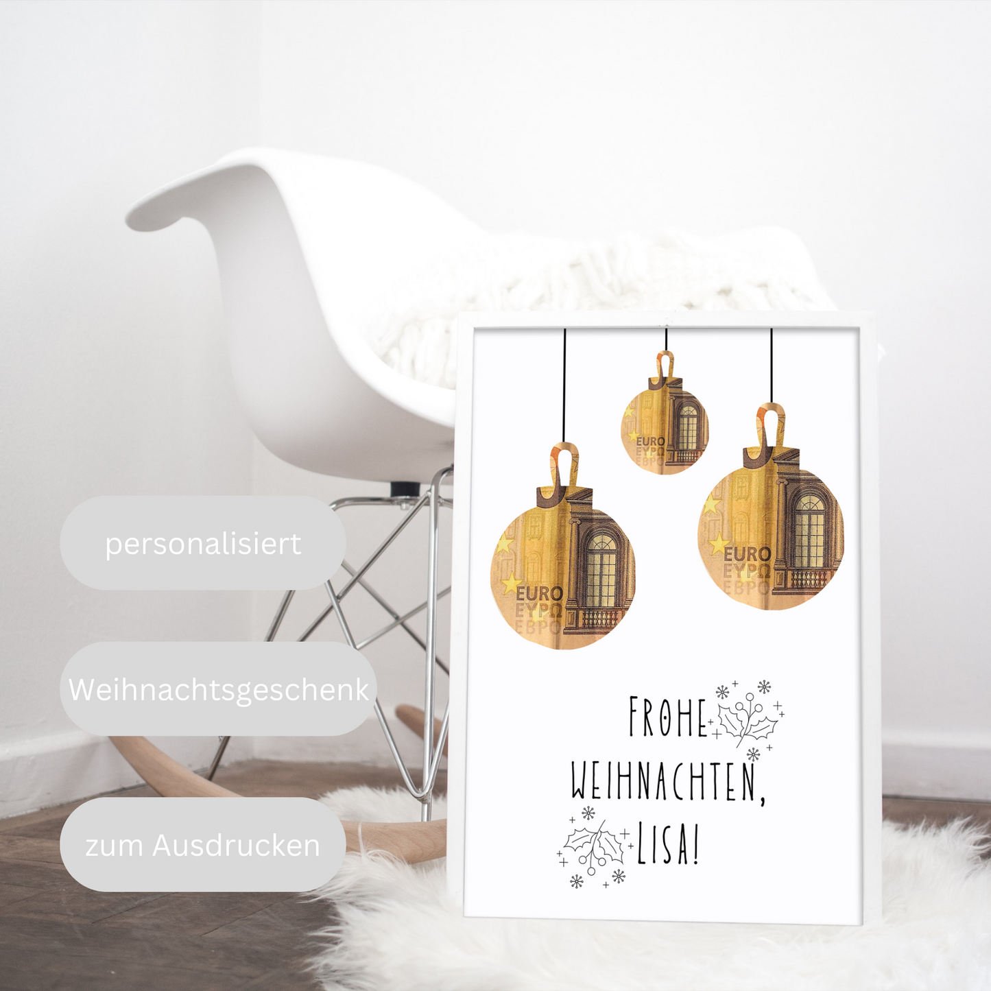 Frohe Weihnachten Geschenkvorlage personalisiert mit Namen, Weihnachten zum Ausdrucken, Geldgeschenk Weihnachtsgeschenk mit Weihnachtskugeln
