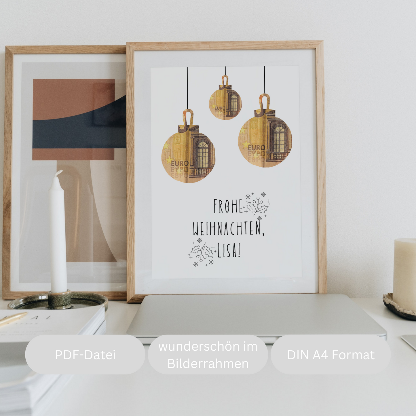Frohe Weihnachten Geschenkvorlage personalisiert mit Namen, Weihnachten zum Ausdrucken, Geldgeschenk Weihnachtsgeschenk mit Weihnachtskugeln