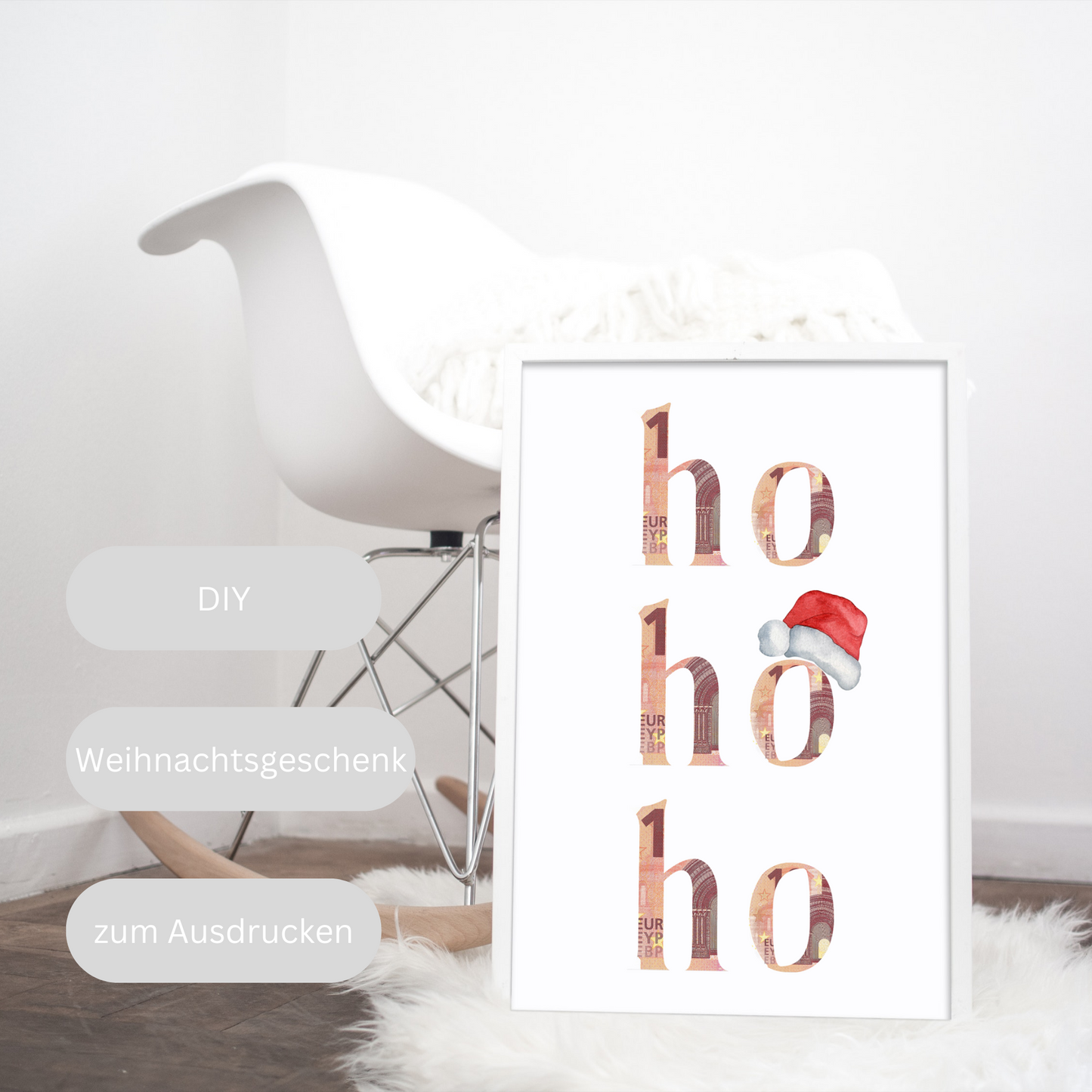 Weihnachtsgeschenk ho ho ho zum Ausdrucken und Einrahmen, Geldgeschenk zu Weihnachten mit roter Weihnachtsmütze, PDF Datei Geschenkvorlage