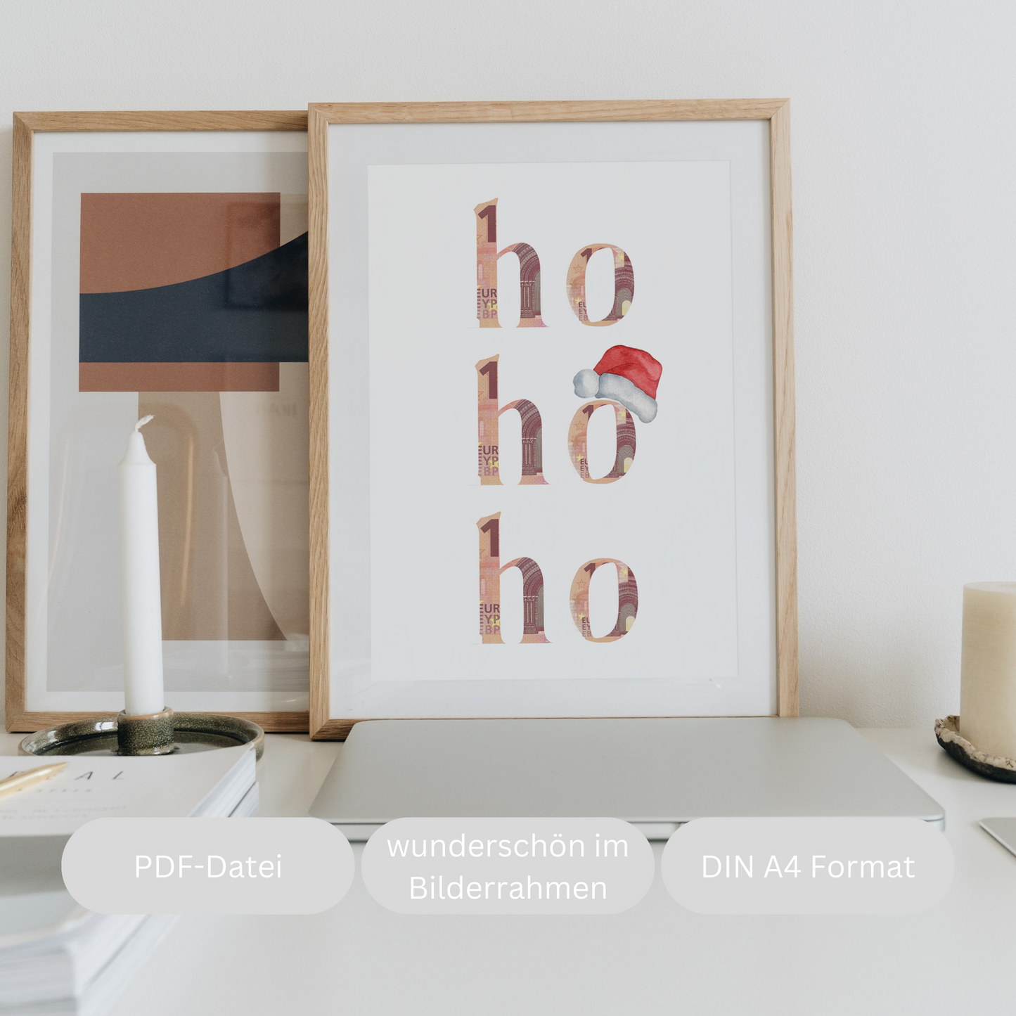 Weihnachtsgeschenk ho ho ho zum Ausdrucken und Einrahmen, Geldgeschenk zu Weihnachten mit roter Weihnachtsmütze, PDF Datei Geschenkvorlage