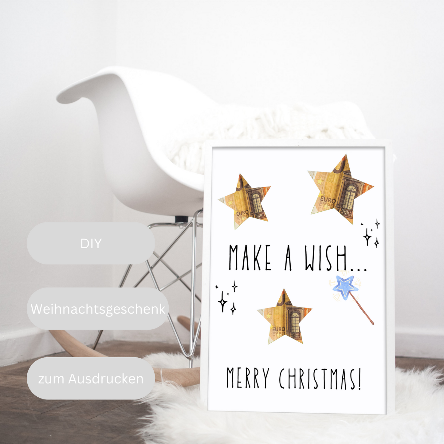 Weihnachtsgeschenk 'Merry Christmas Make a Wish' zum Ausdrucken, Weihnachten Geschenk für Bilderrahmen Sternen, Geldgeschenk für Heiligabend