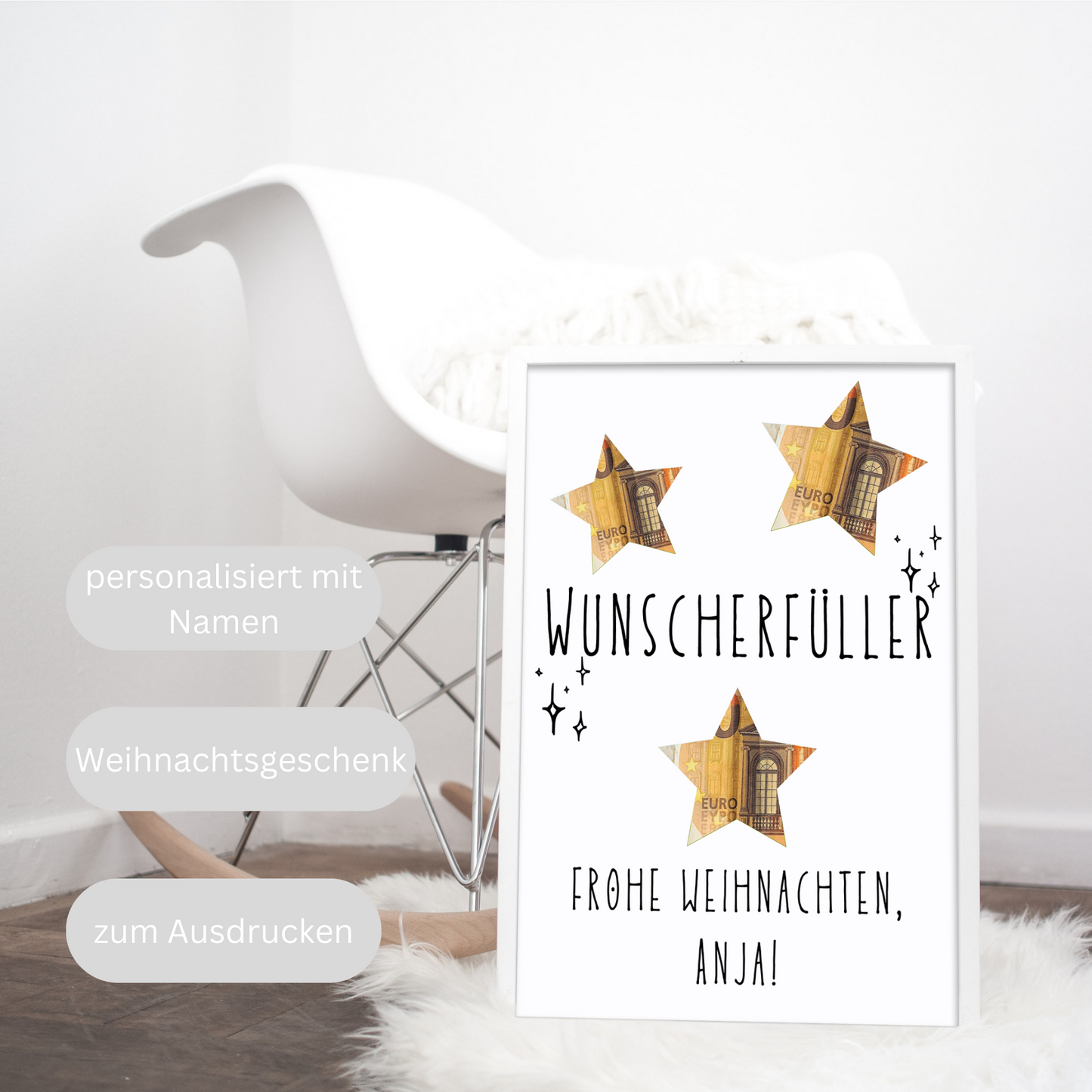 Geldgeschenk für Weihnachten mit Name zum Ausdrucken, Wunscherfüller Weihnachtsgeschenk mit Sternen für Bilderrahmen, Poster Geschenkbild