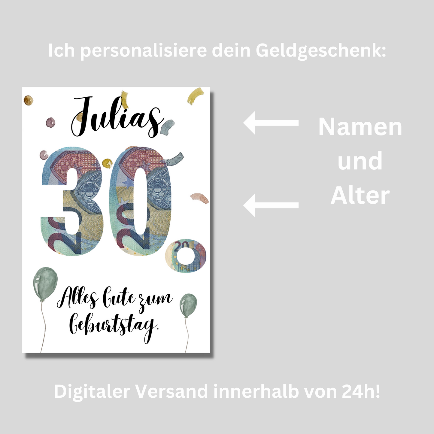 Geschenkidee Geburtstag personalisiert 20 30 40 50 60 70 80 Geldgeschenk