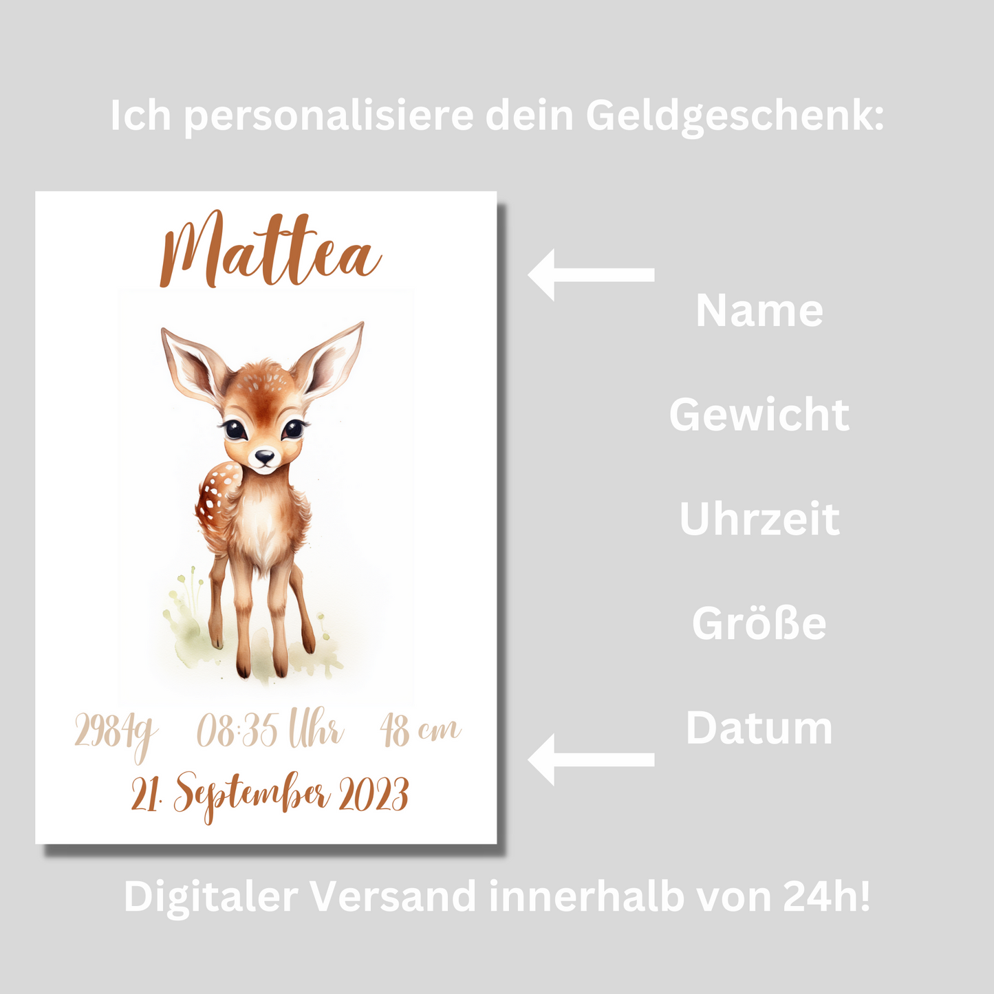 Geschenkidee Baby Kind Reh personalisiert zum Downloaden