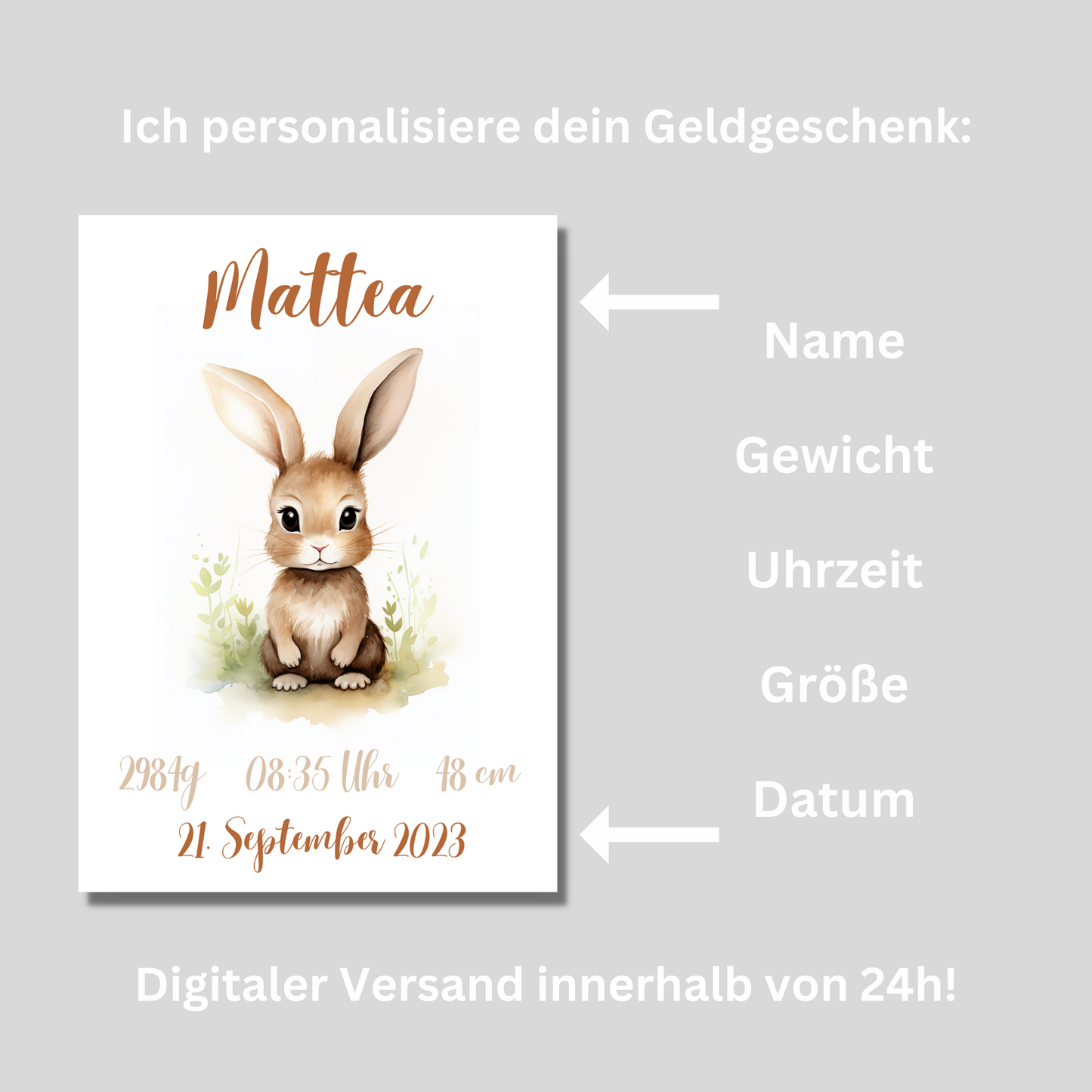 Geschenkidee Baby Kind Hase personalisiert zum Downloaden und Ausdrucken