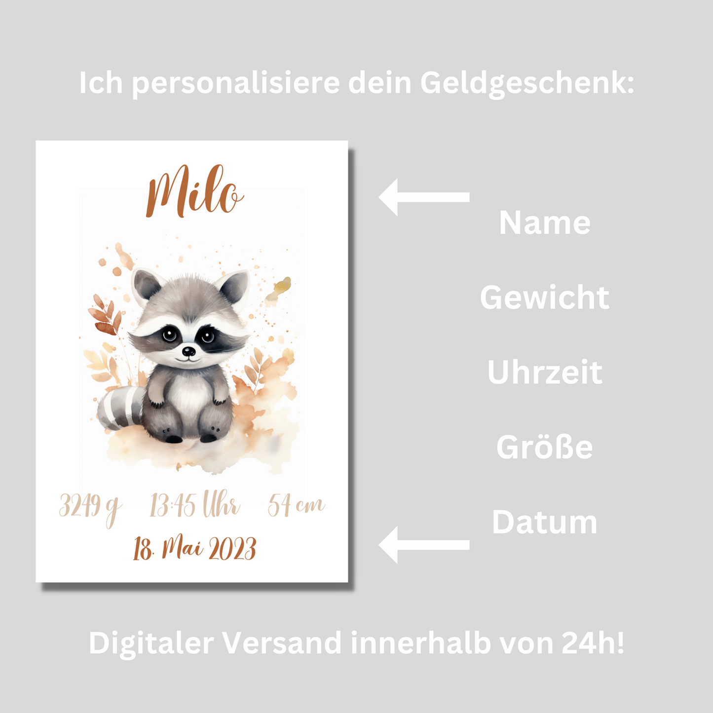 Geschenkidee Baby Kind Waschbär personalisiert zum Downloaden