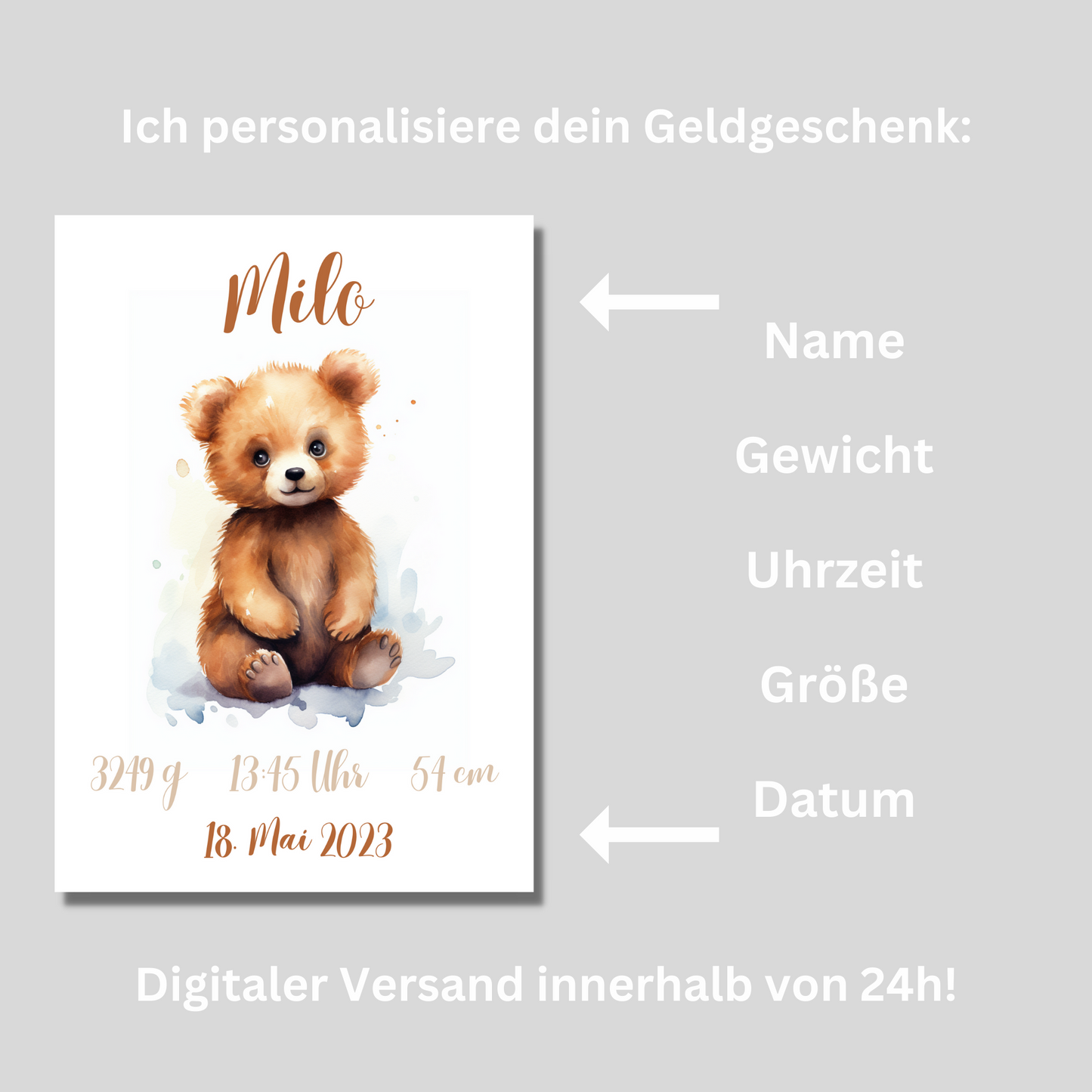 Geschenkidee Baby Kind Bär personalisiert zum Ausdrucken