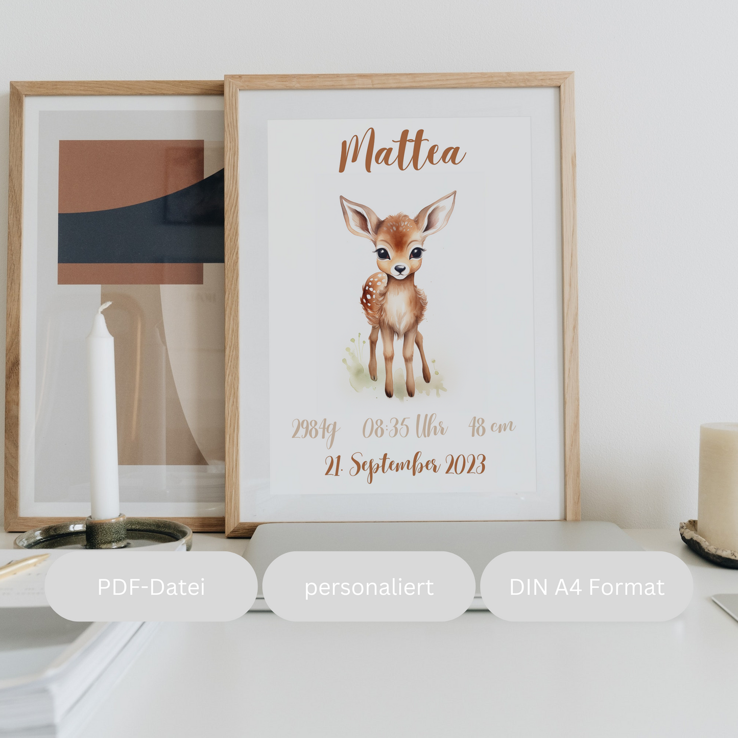 Geschenkidee Baby Kind Reh personalisiert zum Downloaden