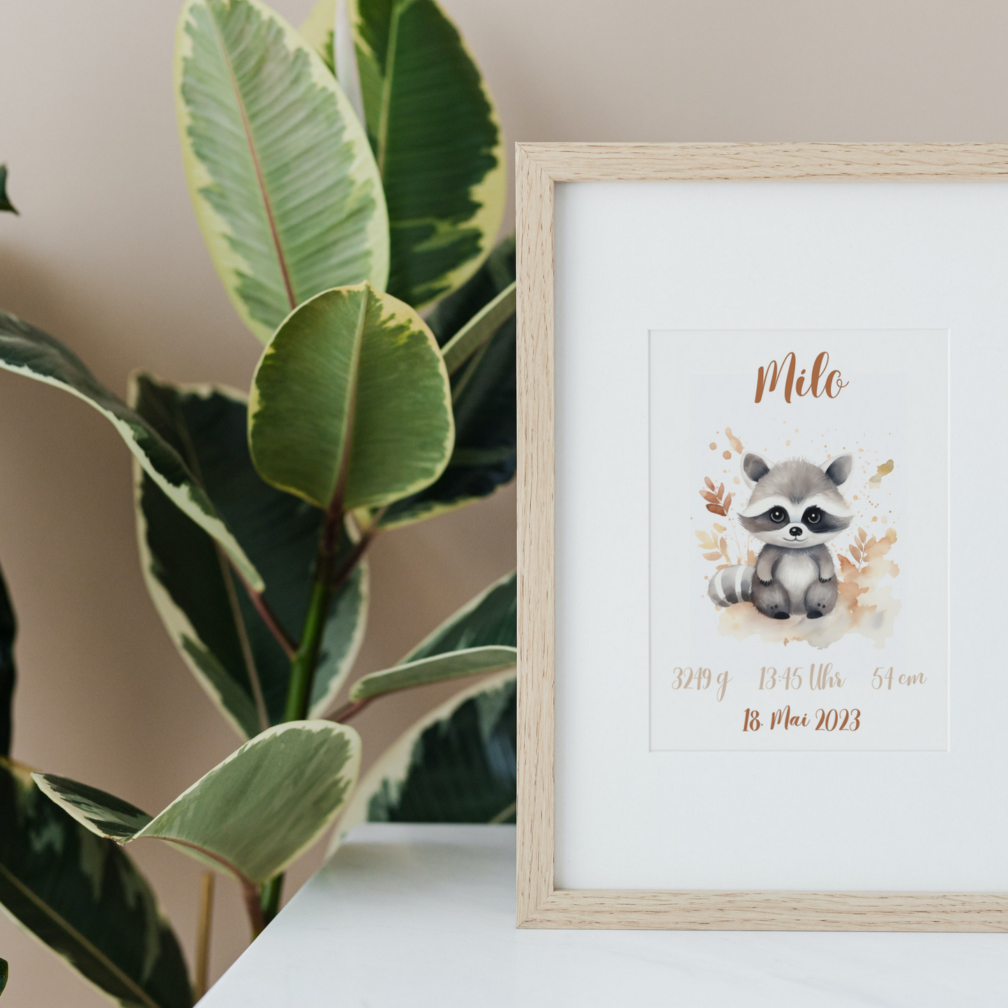Geschenkidee Baby Kind Waschbär personalisiert zum Downloaden