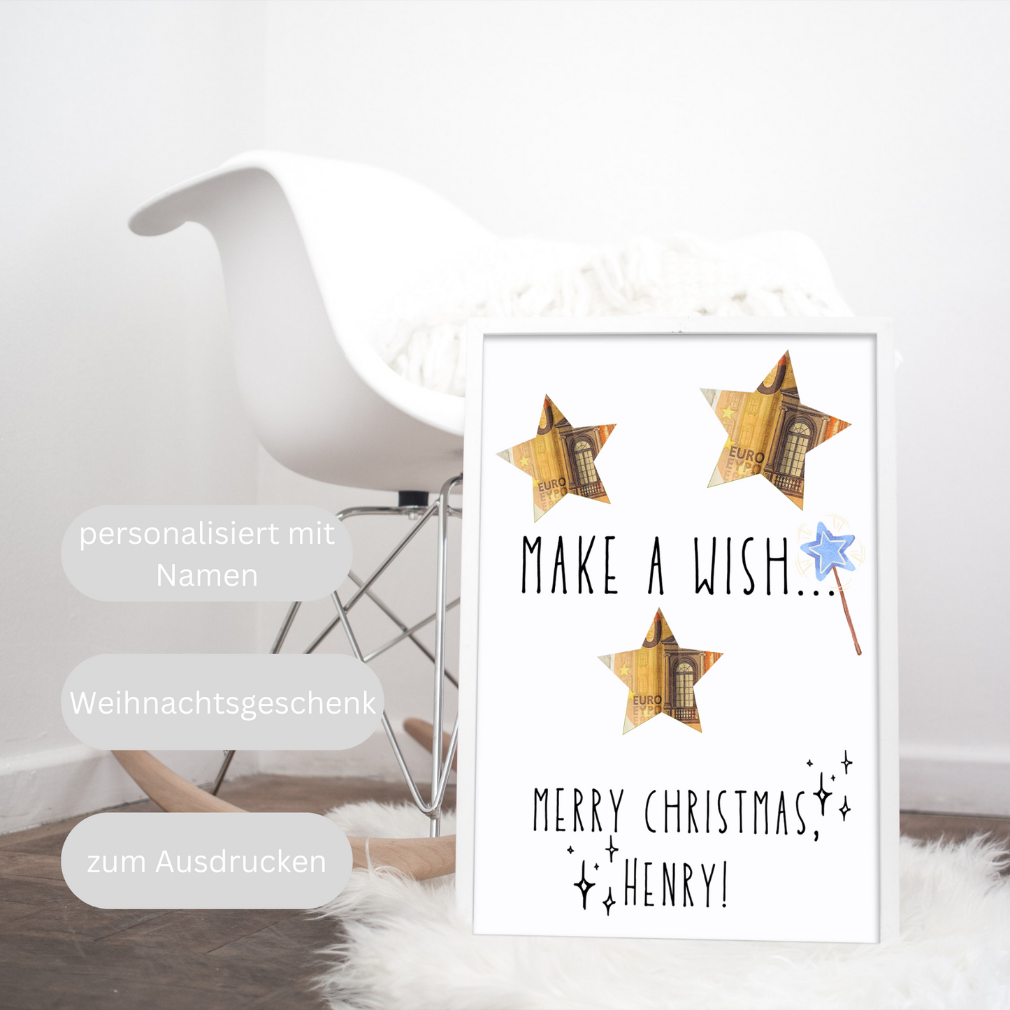 Geldgeschenk zu Weihnachten personalisiert mit Namen, Make a wish, merry christmas, Geschenkvorlage zum Ausdrucken für Bilderrahmen PDF