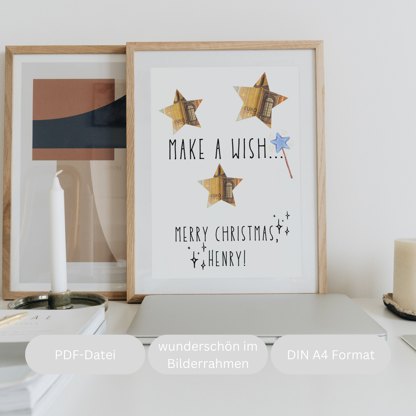 Geldgeschenk zu Weihnachten personalisiert mit Namen, Make a wish, merry christmas, Geschenkvorlage zum Ausdrucken für Bilderrahmen PDF